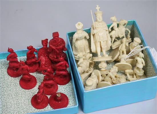 A part set of Chinese red lined natural carved ivory chess set